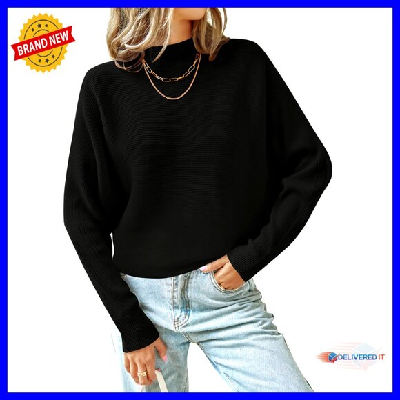 Sweaters - Ribbed Knit Turtleneck Pullover Batwing Sleeves Oversized Casual Soft Sweater